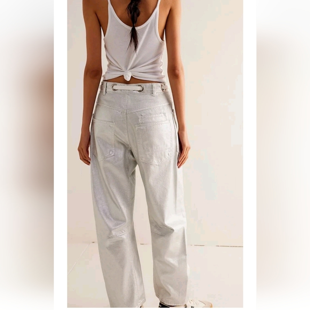 NWT Free People Moxie Metallic Low-Slung Barrel Jeans - Picture 3 of 6